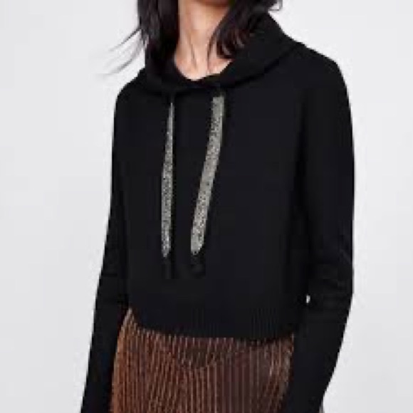 ZARA Black Knit slip on Hoodie Sweater with sparkle drawstring Size L - Picture 3 of 5